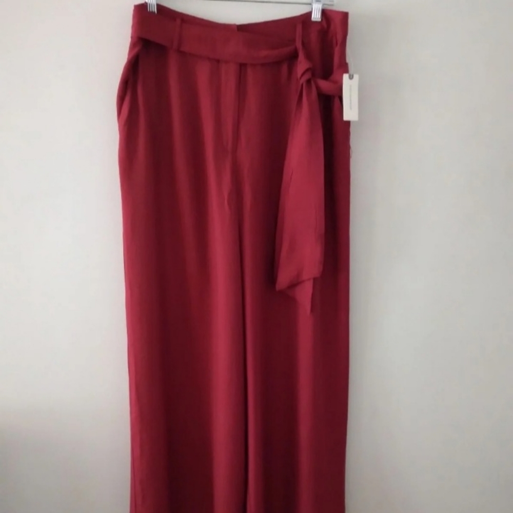 Maeve Wide-Leg High-Waist Tie-Belt Pants - Deep Red